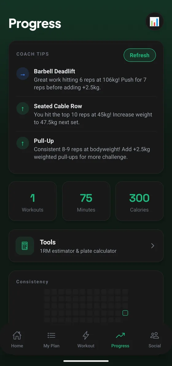 AI coach tips suggesting weight increases from your logged sets