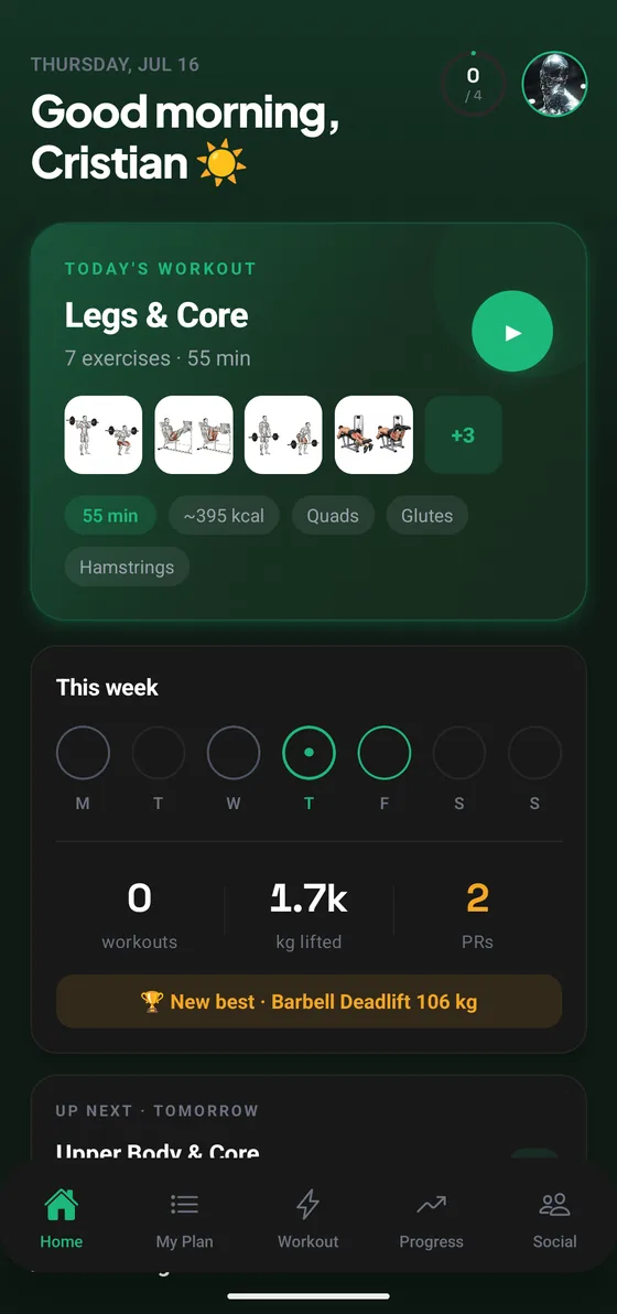 Get That Shape AI home screen showing today's workout and weekly progress