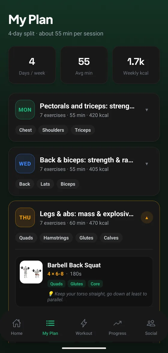 Weekly training plan with exercises and muscle tags