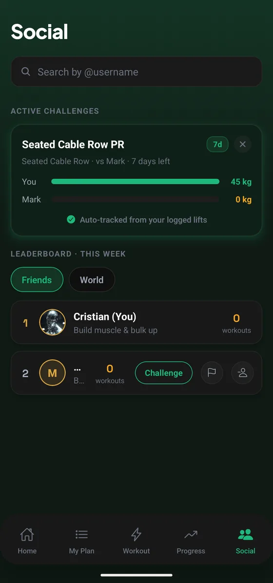 Social screen with a friend challenge and weekly leaderboard
