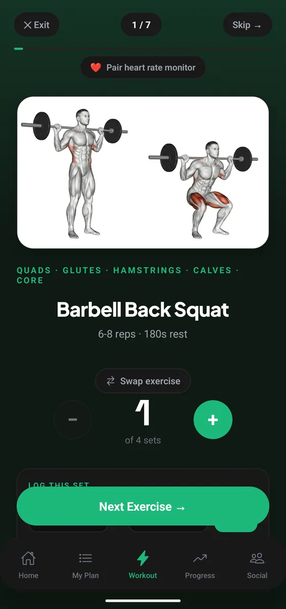Guided workout screen with exercise